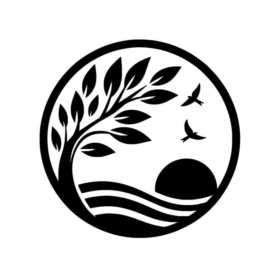 Black and white circular minimalist of a tree, sea waves, sun, and birds evoking nature and tranquility. vector