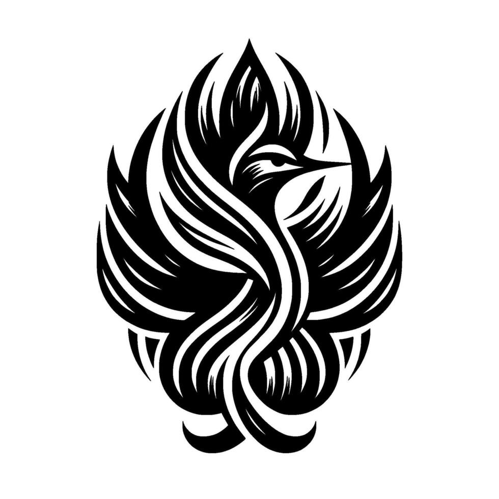 Stylized Black and White Phoenix with Flowing Feathers and Geometric , Symbolizing Rebirth and Renewal. vector