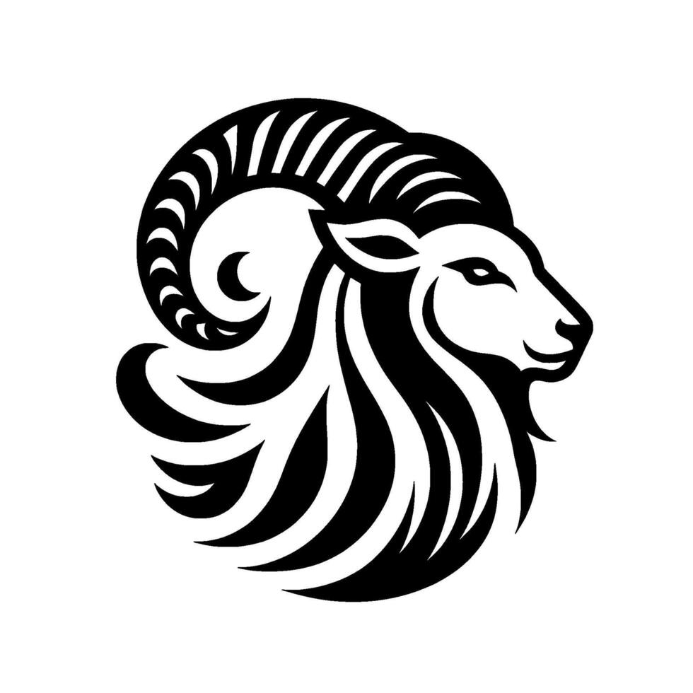 Bold Black and White Ram Head Featuring Curled Horns, Flowing Mane, and a Confident Profile Against White. vector