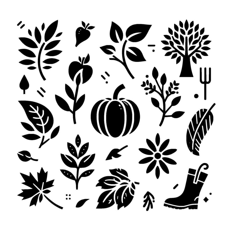 Monochromatic Autumnal Harvest A stylized collection of leaves, pumpkins, fruit, and botanical illustrations in a clean, minimalist . vector