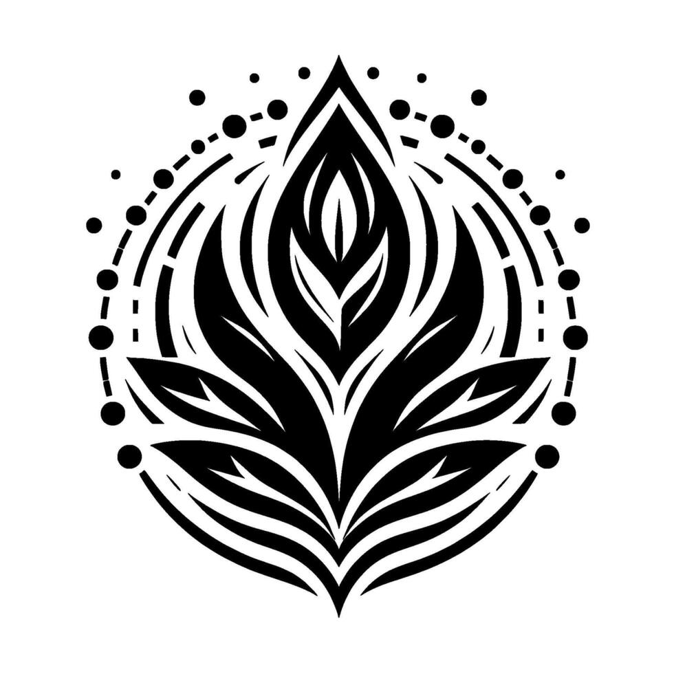 Symmetrical black and white floral geometric with stylized leaves and an outer dotted circular border, minimalist style. vector
