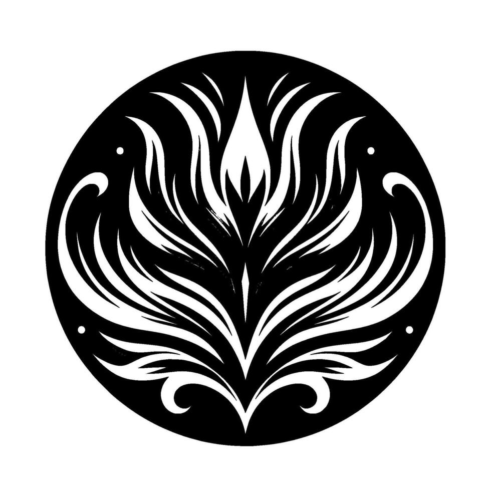 Intricate black and white symmetrical floral within a circular frame, featuring stylized leaves and a central flamelike element, evoking elegance and balance. vector