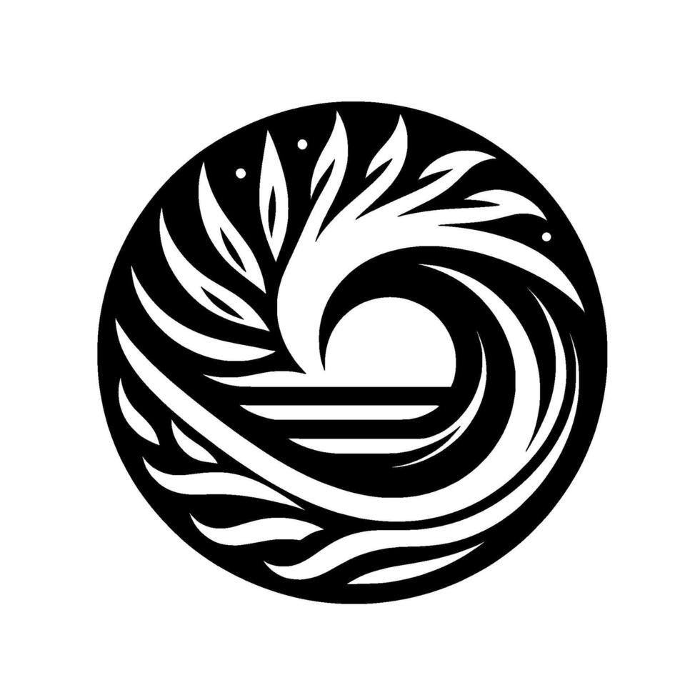 A stylized black and white circular emblem depicting a swirling wave merging with floral elements and the suggestion of a horizon, suggesting balance and natural harmony. vector