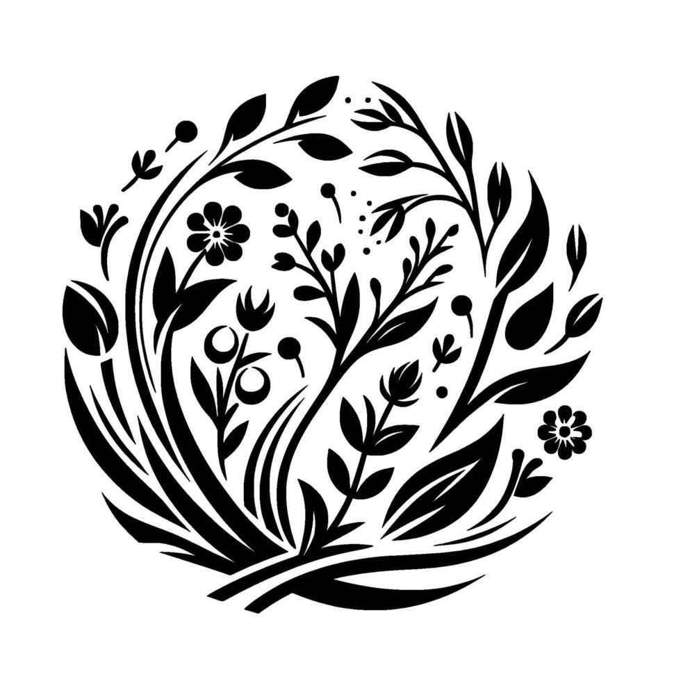 A circular, minimalist black and white floral illustration, featuring stylized leaves, flowers, berries, and stems, creating a harmonious botanical . vector