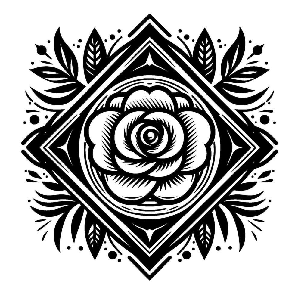 Black White Geometric Rose Mandala with Diamond Frame, Leaf Accents and Dots, Artistic Floral . vector