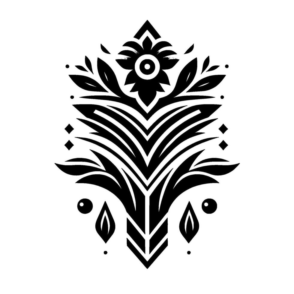 Ornate symmetrical black and white floral crest featuring stylized leaves, geometric accents, and a central flower. vector