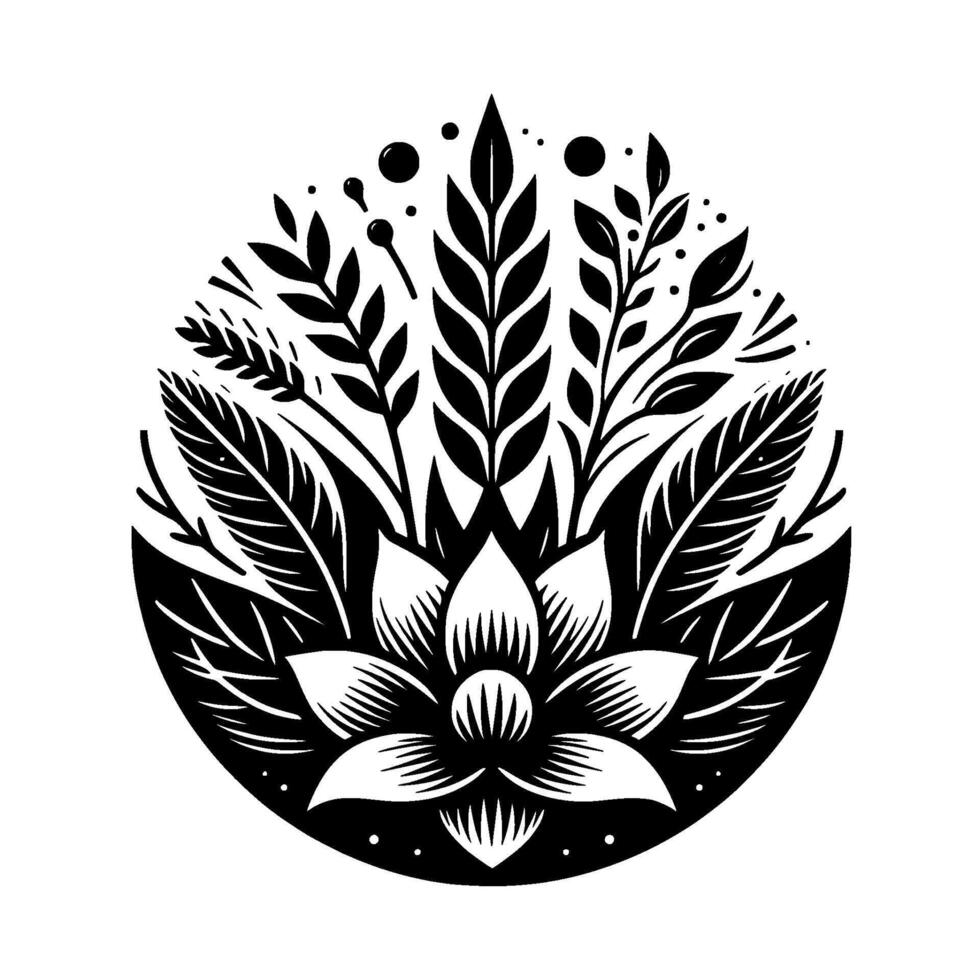 Intricate black and white floral mandala , featuring a detailed lotus at the center, surrounded by various stylized leaves and organic elements within a circular frame. vector