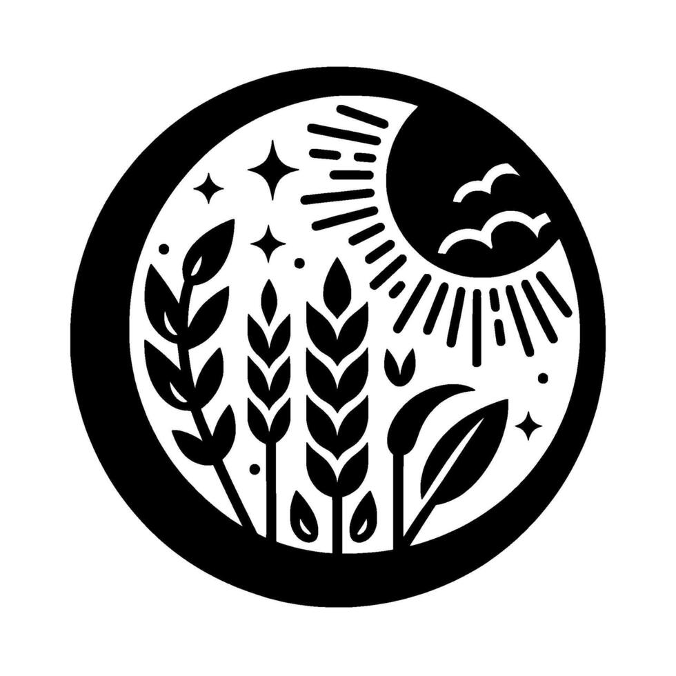A stylized monochrome circular emblem depicting a bountiful harvest scene, wheat, leaves, a stylized sun, birds, and stars. vector