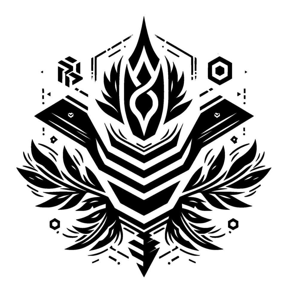 Intricate Black and White Geometric Emblem with Central Organic Motif, Surrounded by Angular Forms and Leafy Elements vector