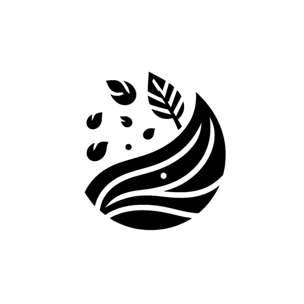 Minimalist black and white circular featuring stylized leaves and flowing lines, evoking a sense of nature and growth. vector