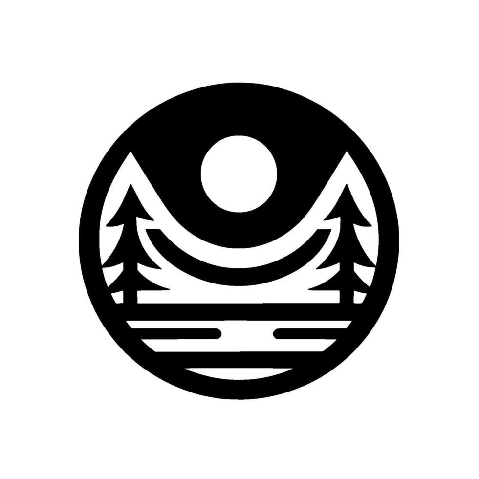Symbolic black and white outdoor scene within a circle, featuring stylized trees, a sun, and simplified landscape elements representing natures beauty. vector