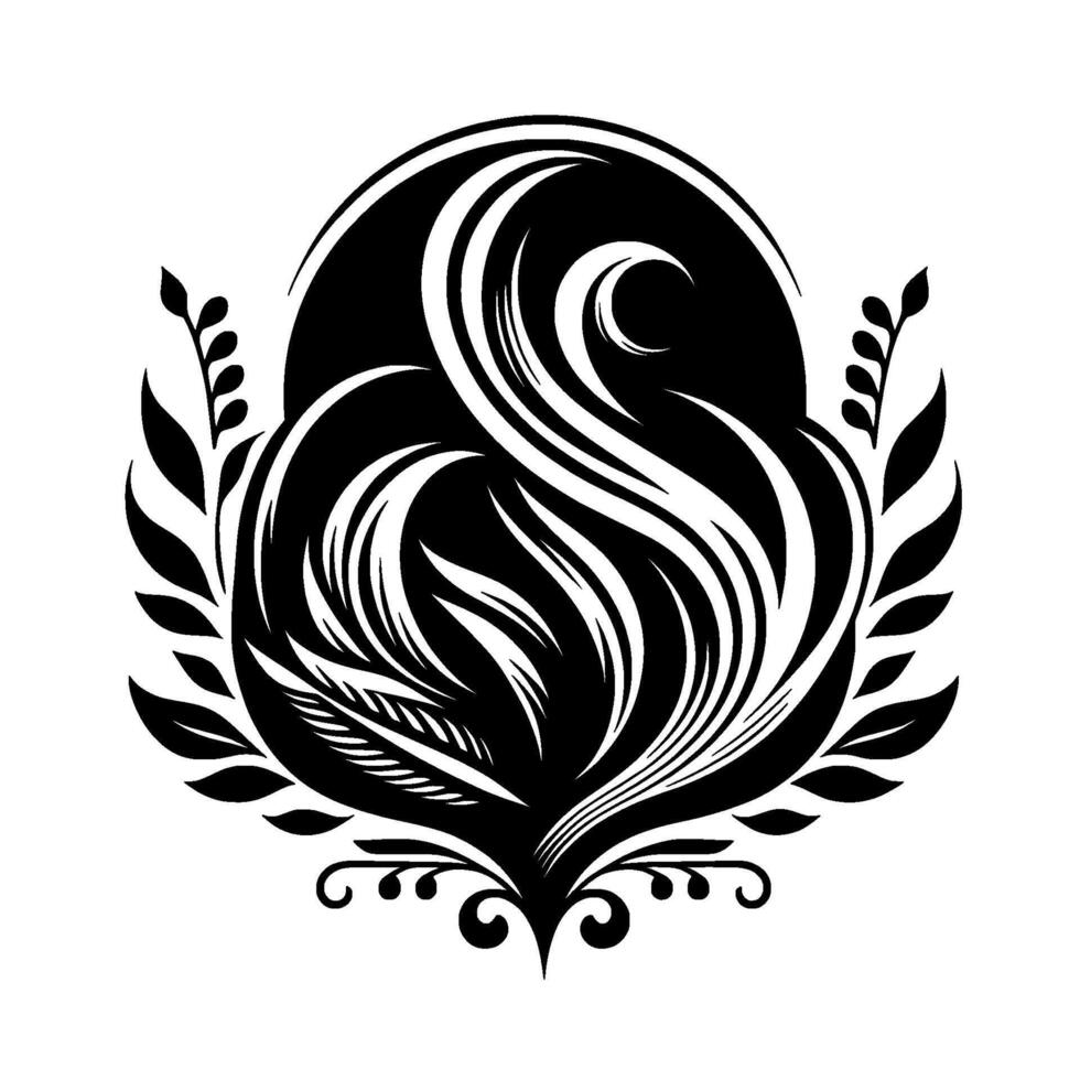 Black and white symmetrical stylized crest with a central oval motif featuring flowing lines, crescent moon, and leafy embellishments on white background. vector
