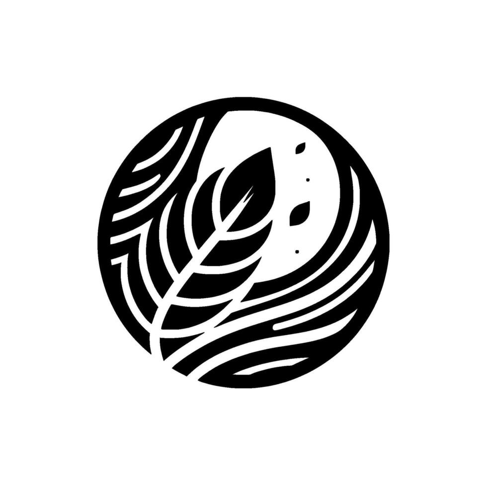 Abstract Black and White Circular Composition with Stylized Leaf, Wavy Lines, and Floating Elements on a White Background. vector