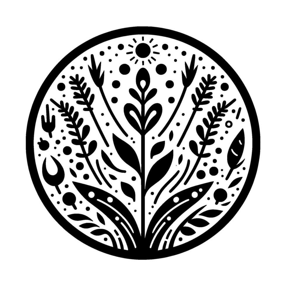 Intricate black and white circular , stylized floral elements, botanical illustration with sun and dot details, evoking nature and tranquility. vector