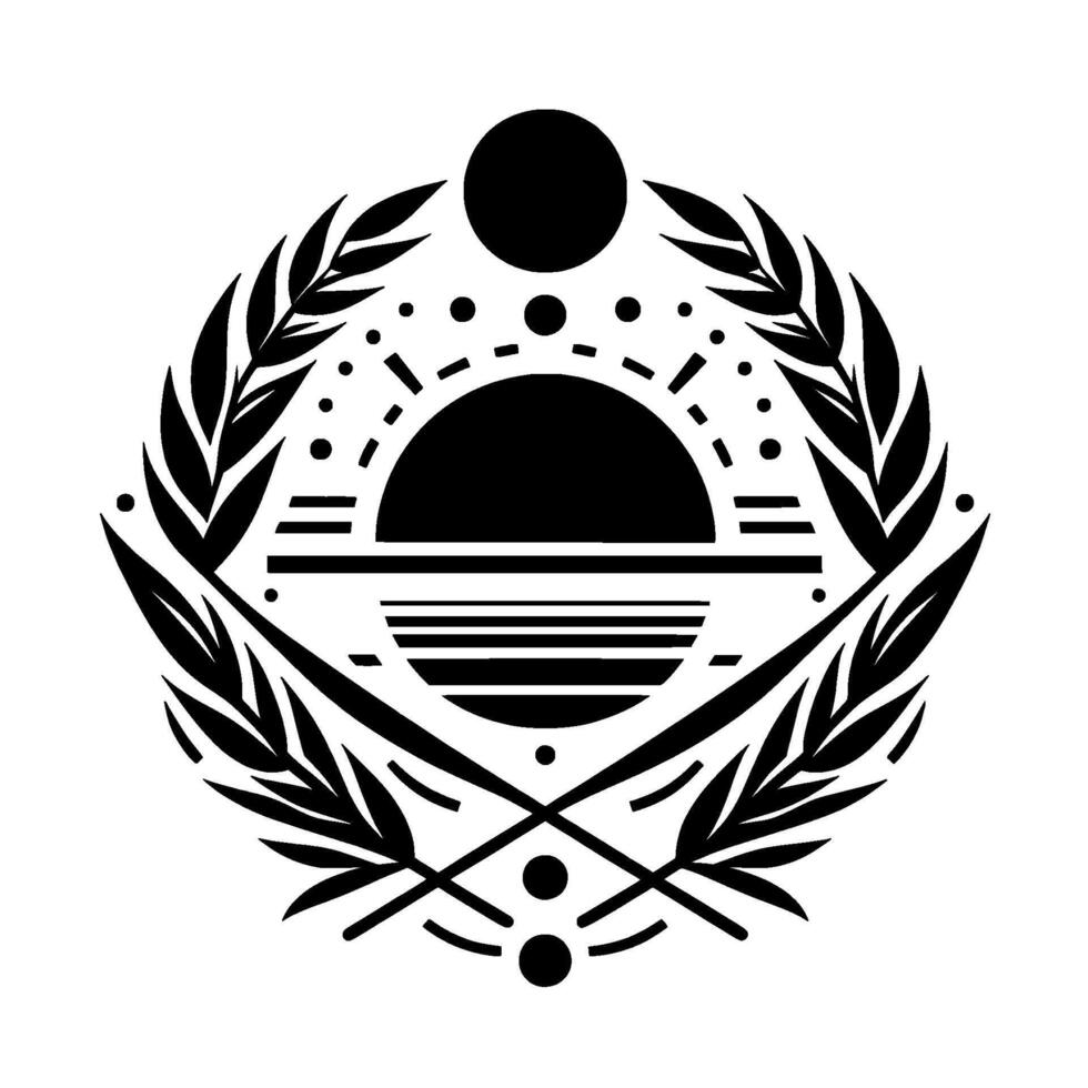 Symmetrical Black and White Geometric Emblem Sun, Laurel Wreath, and Celestial Elements, Minimalist on White Background. vector