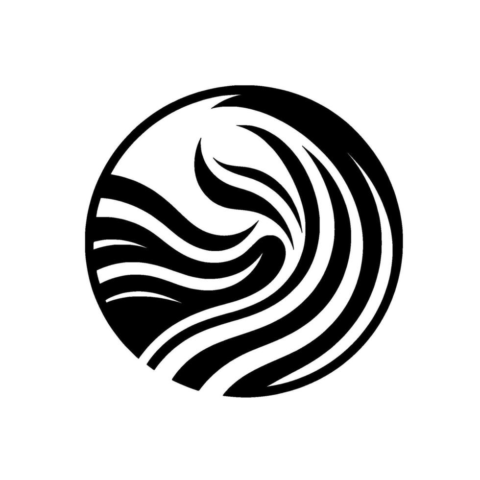 Abstract black and white emblem of stylized flowing elements enclosed within a circular form, evoking movement and organic shapes. vector