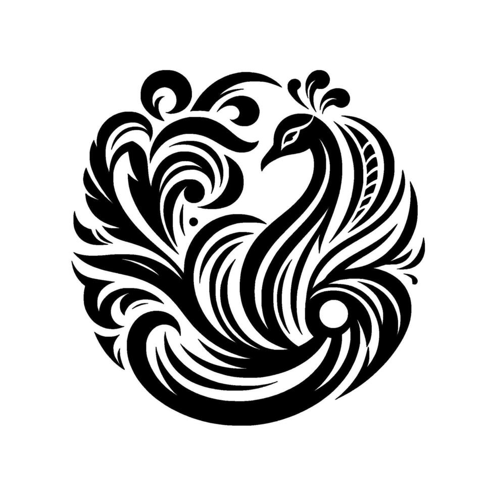 Elegant Black and White Peacock , Decorative Floral Ornament in Circular Composition, Clean Lines, Minimalist Art. vector