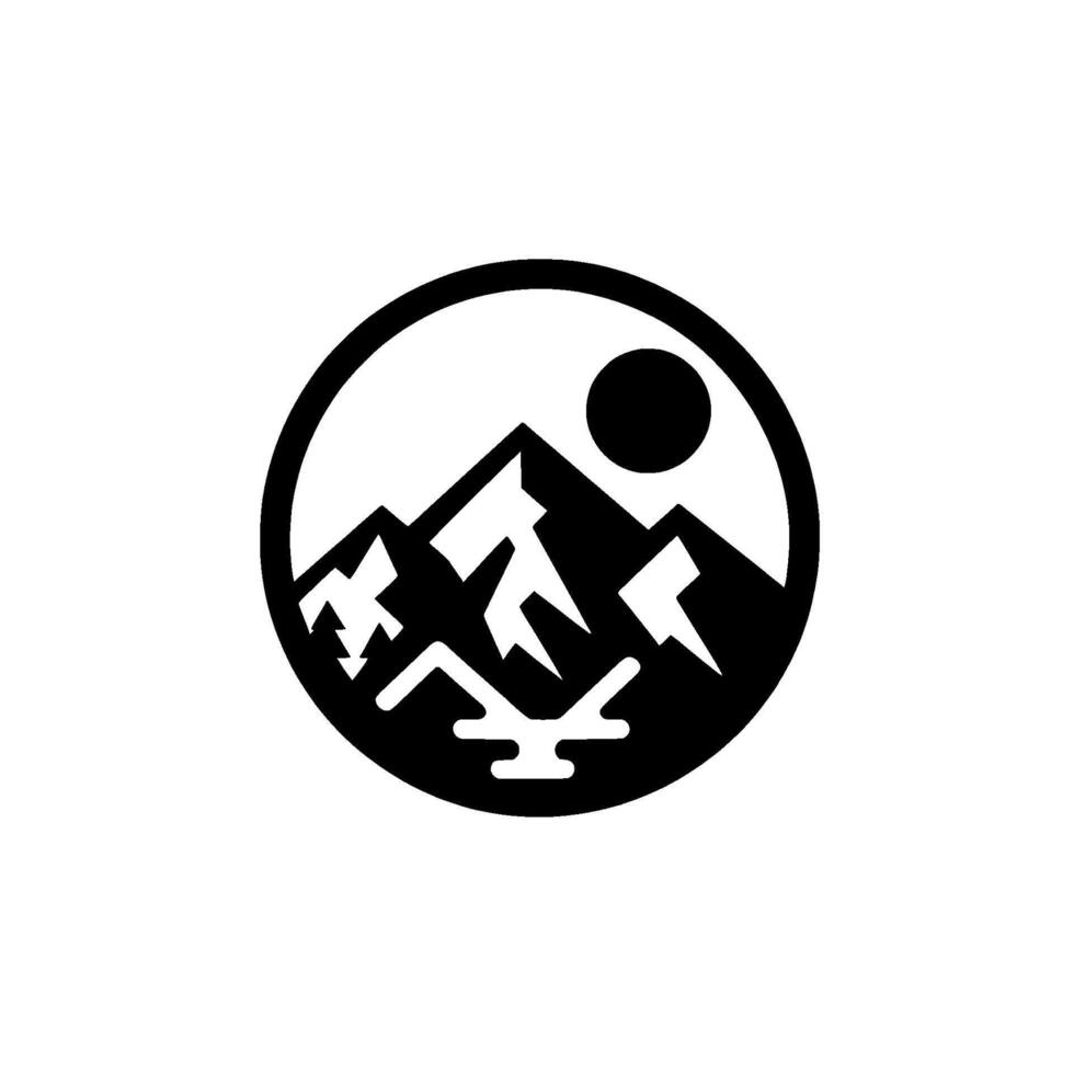 A minimalist, circular black and white depicts majestic mountains under a bright sun, conveying natures rugged beauty and serenity. vector