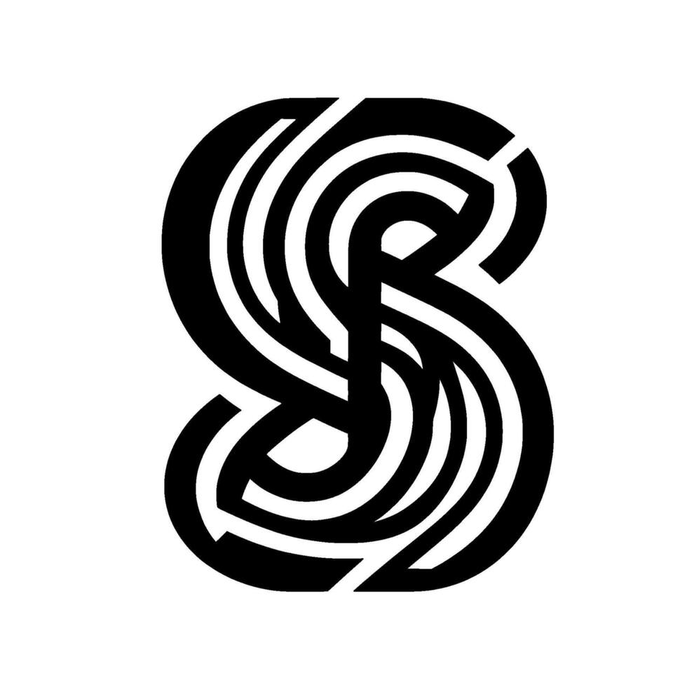 Abstract, intricate rendering of the letter S, composed of interwoven, black curvilinear bands against a stark white backdrop, creating an optical illusion. vector