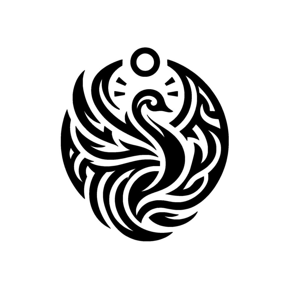 A stylized black swan , featuring an elegant swan silhouette surrounded by intricate tribalinspired lines and sunburst elements within a circular frame. vector