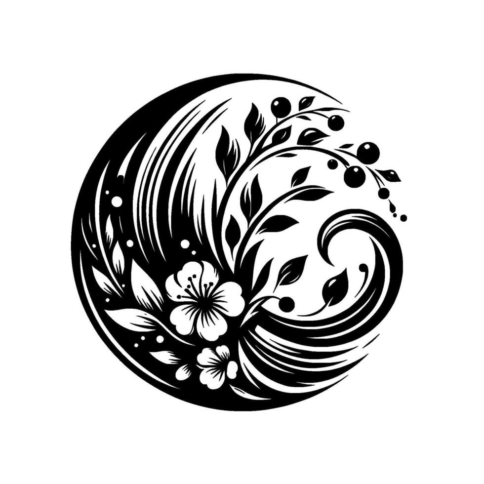 Intricate Black and White Floral Mandala A Symmetrical Featuring Blooming Flowers, Berries, and Flowing Lines within a Circular Composition. vector