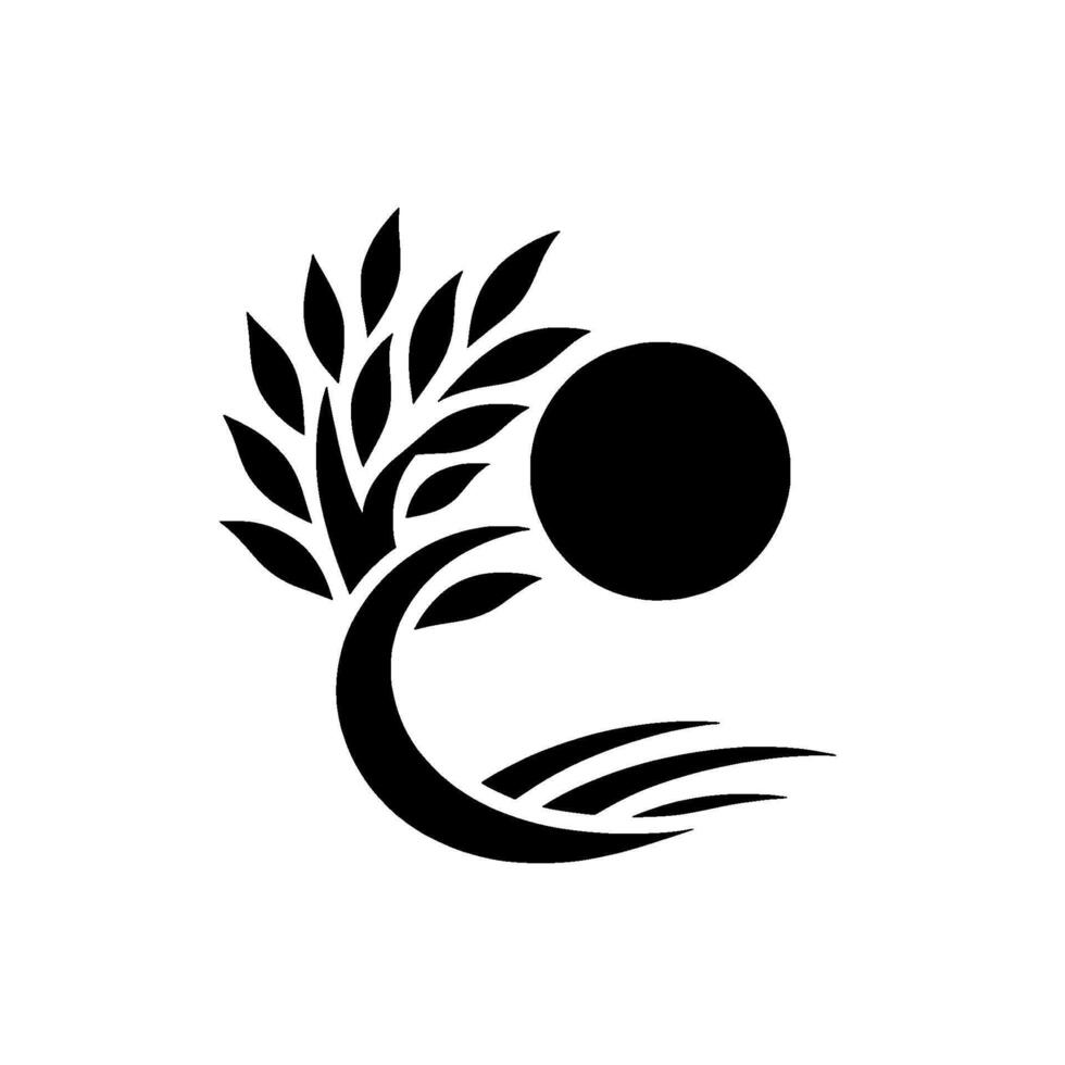 A minimalist, black and white featuring a stylized tree with leaves, a circular sun, and a curved base, set against a plain white background. vector