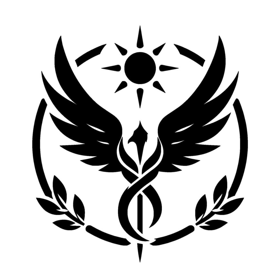 A stylized black and white emblem featuring a phoenix with outstretched wings, encircled by laurel leaves and a halo of sun rays, symbolizing strength and rebirth. vector