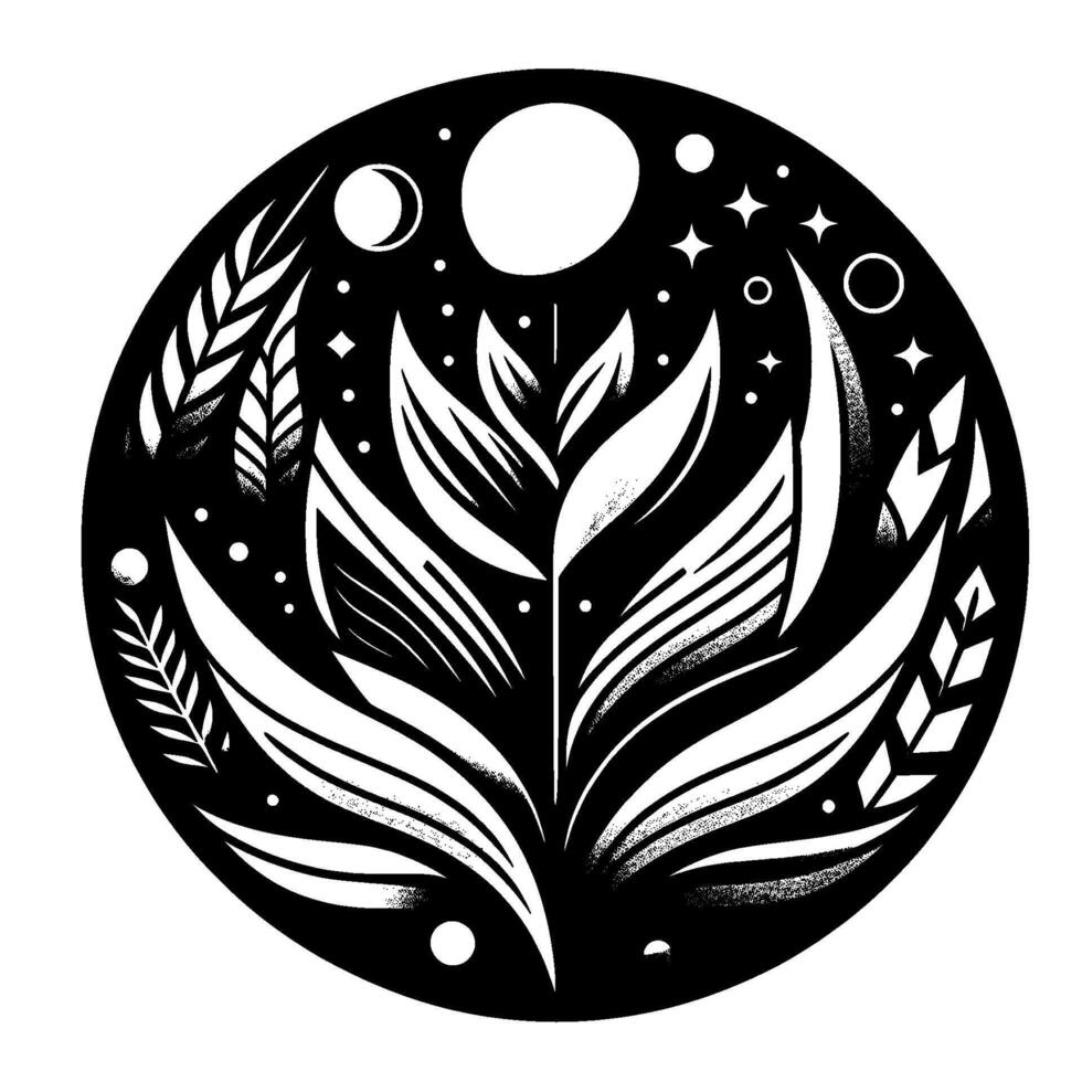 Elegant black and white circular , featuring stylized botanical elements, celestial bodies, and a modern minimalist style. vector