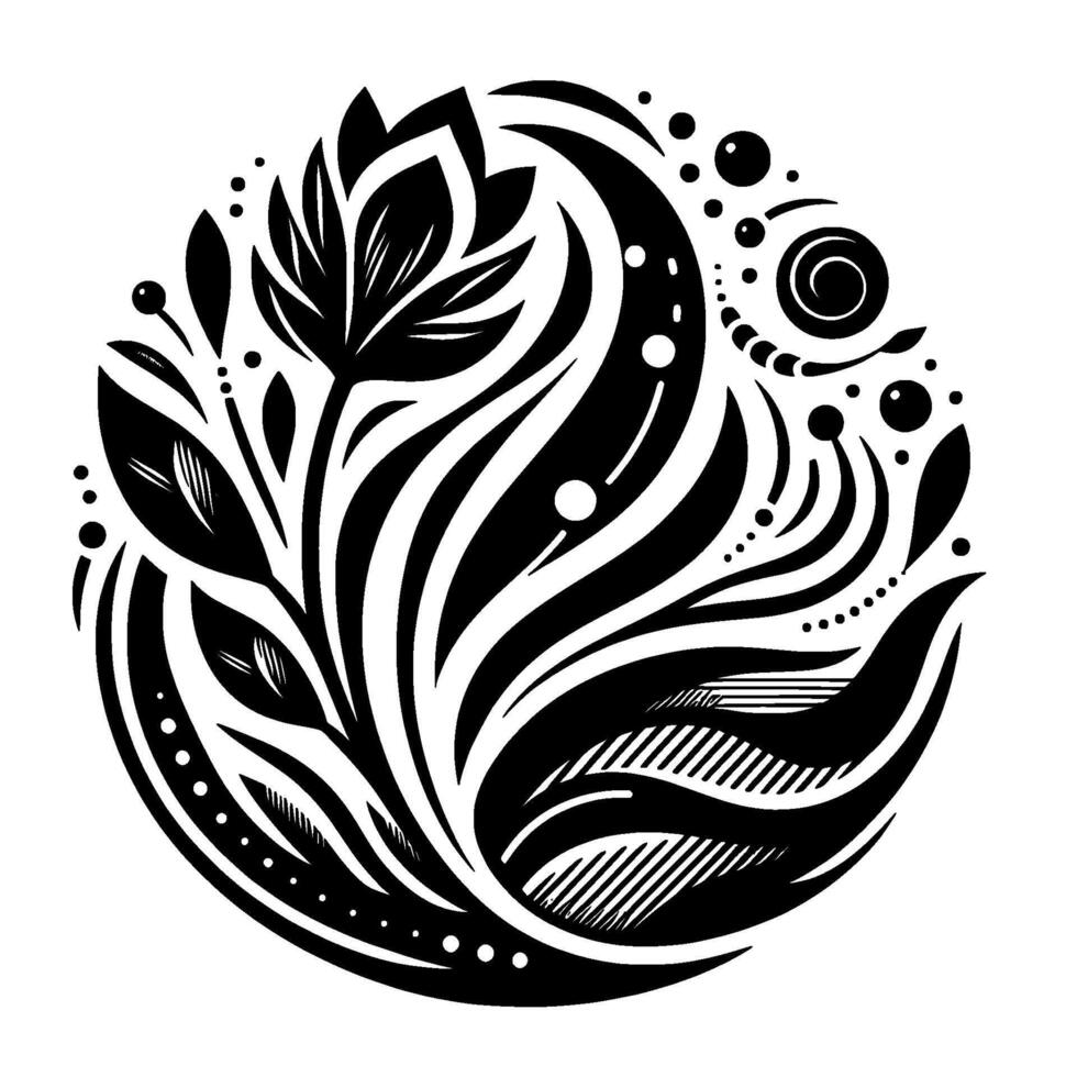 Ornate Black and White Floral Mandala Stylized Lotus Blossom, Leaves, and Organic Elements within a Circular Composition. vector