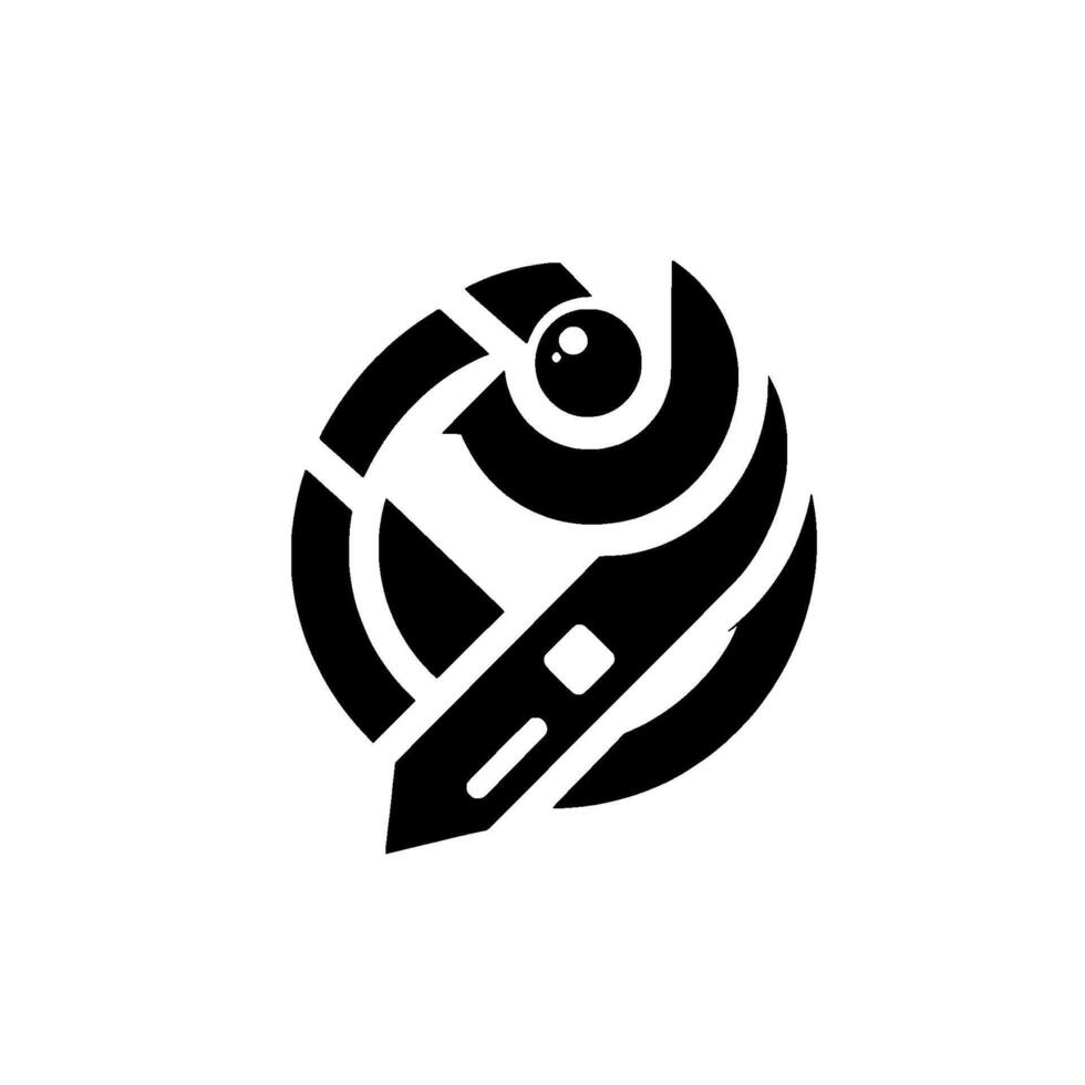 Stylized EyeShaped A minimalist black and white featuring an eye within a geometric, circular structure resembling a sword or futuristic emblem. vector