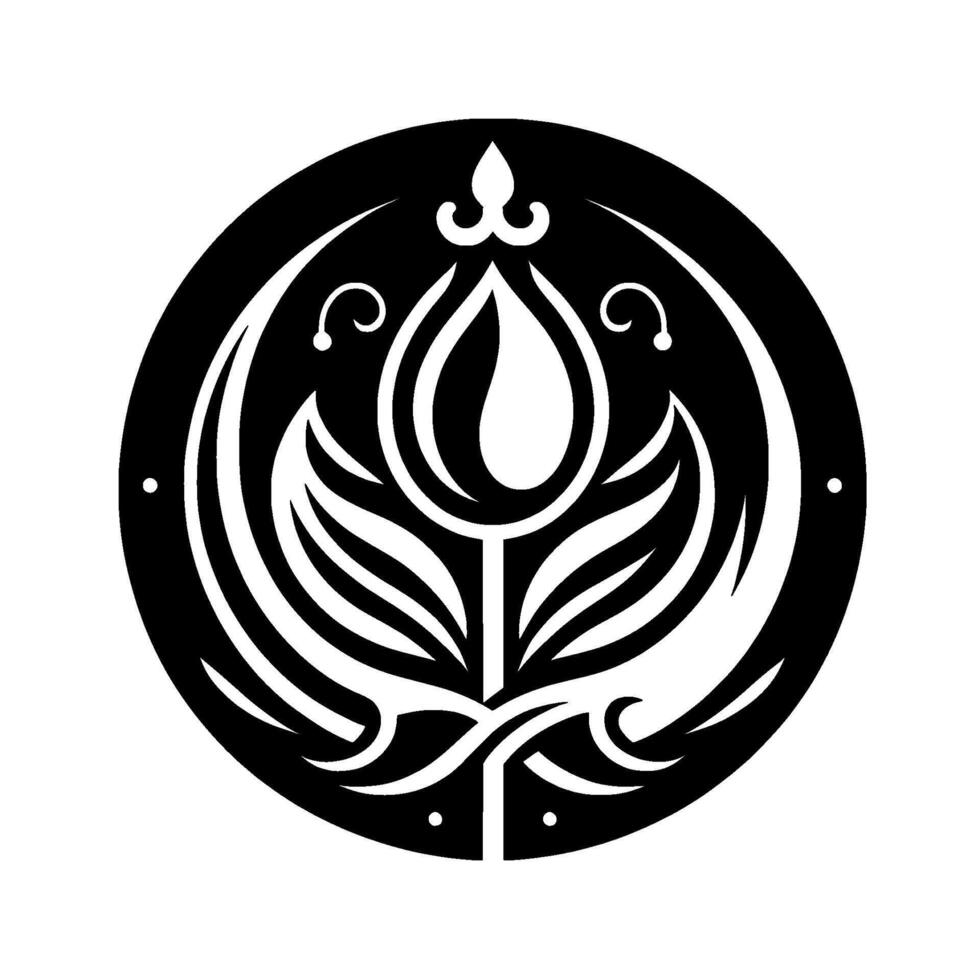 Symmetrical Black and White Floral Emblem in Circular Frame Depicting a stylized flower with ornamental detail, evocative of a . vector
