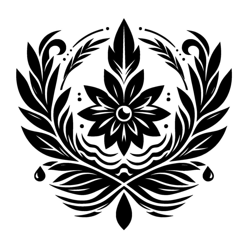 Intricate Black and White Floral Ornament Symmetrical Featuring a Central Flower, Leaves, and Decorative Elements. vector