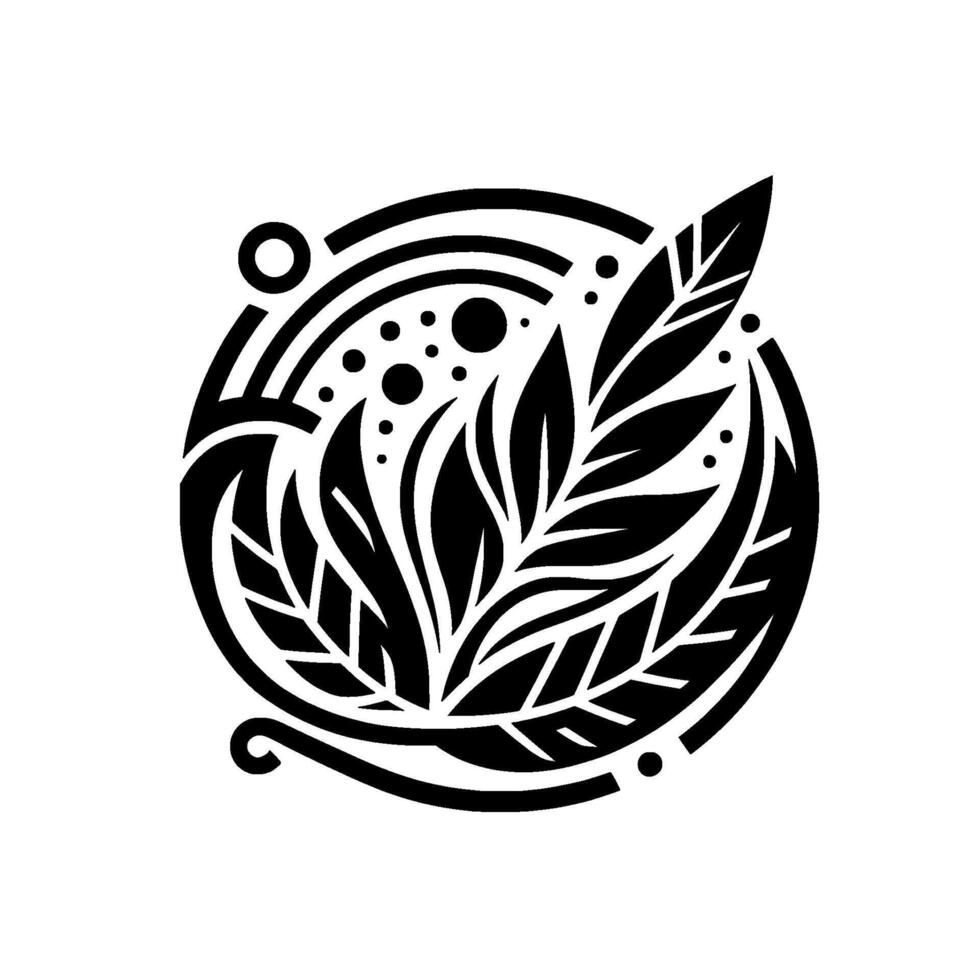 Black and white circular floral with leaves, feather and dots, creating an abstract artistic composition on a white background. vector