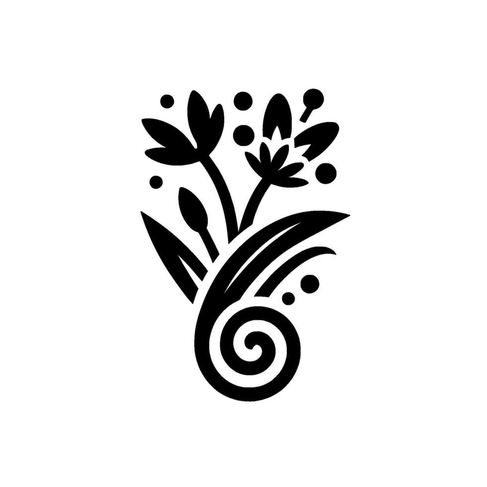 Stylized Floral Motif in Black and White Elegant Depiction of Petals, Leaves, and a Swirl, Against a Clean White Background. vector