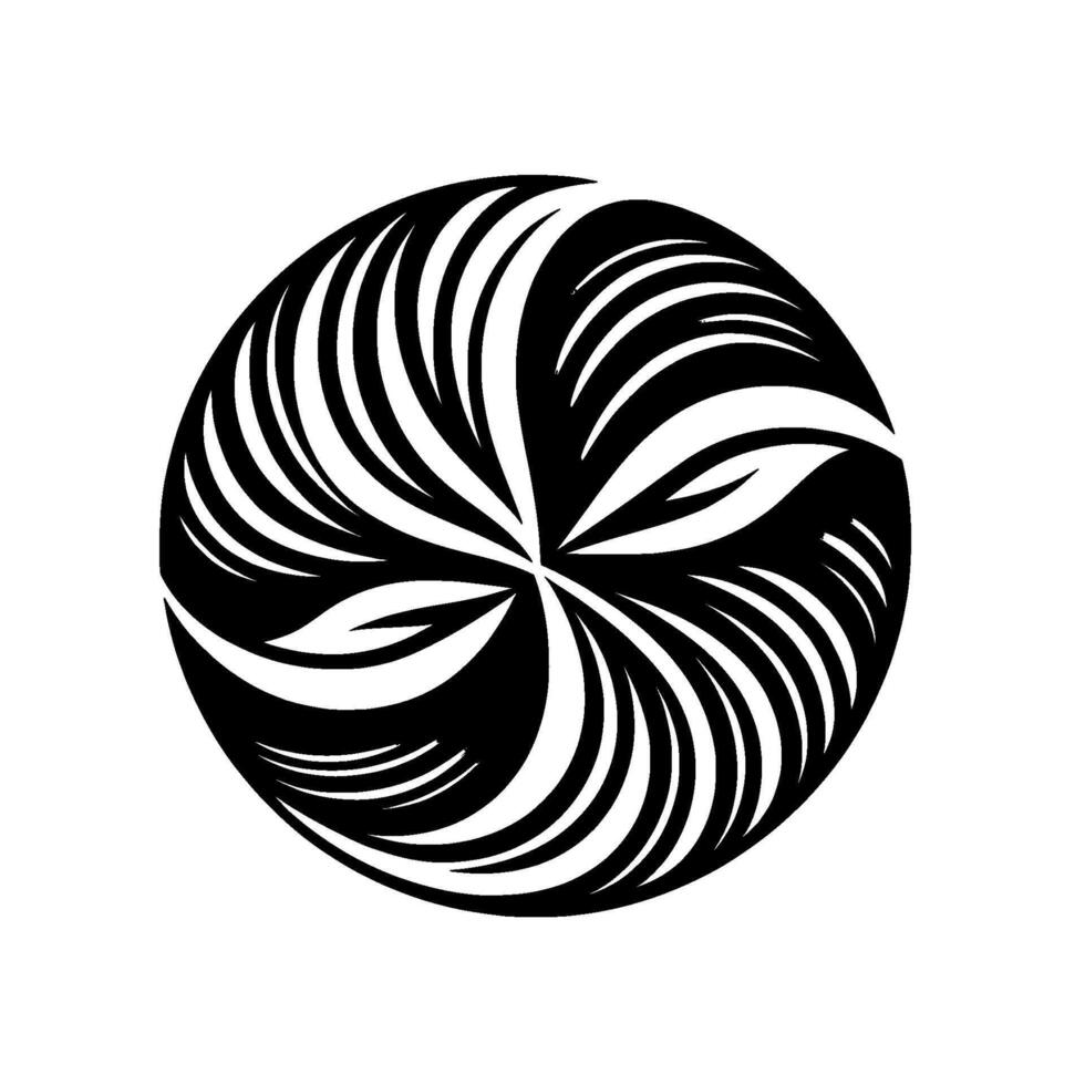 Abstract Black and White Geometric Composition A Circular of Swirling Lines and Leaflike Forms on a Pure White Background. vector