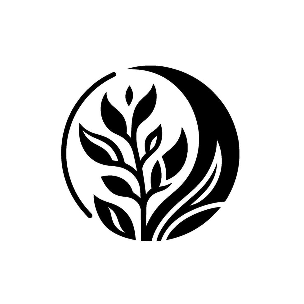 Minimalist black and white botanical emblem, a stylized plant with leaves and moon shape, enclosed within a circle. vector