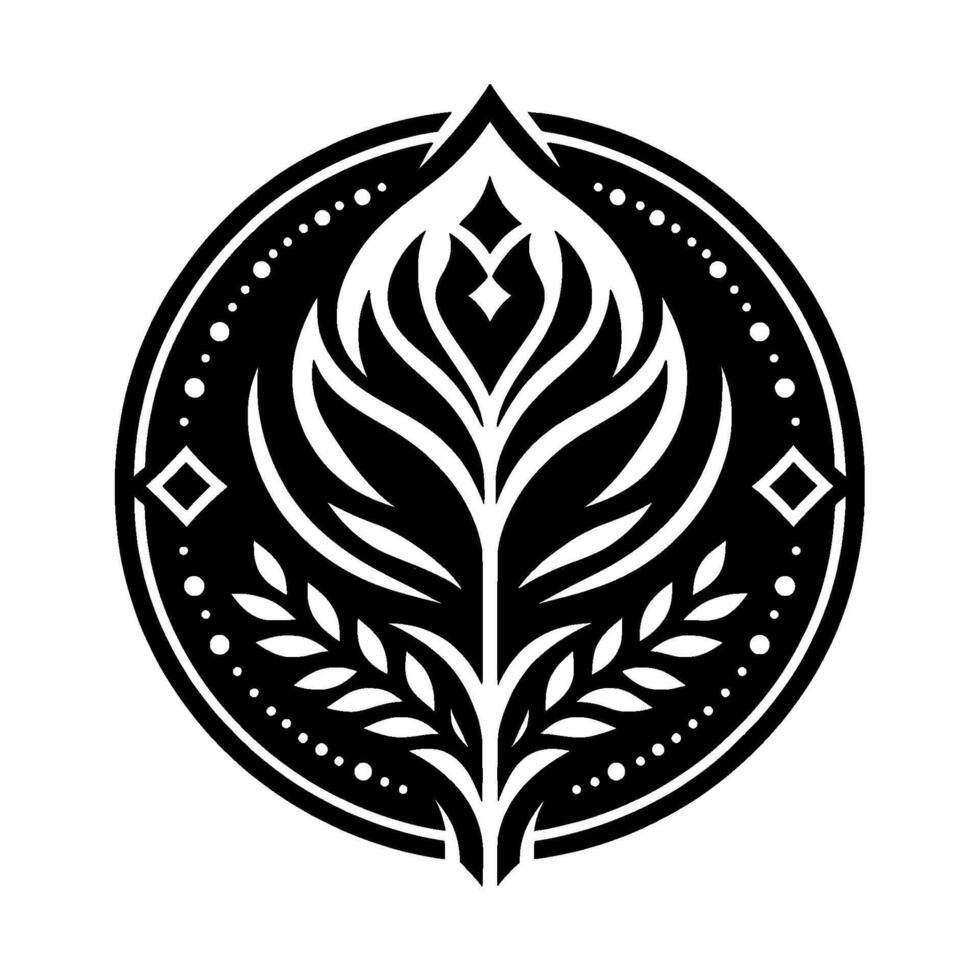 Black and White Circular Emblem with Stylized Floral , Geometric Details and a Decorative Border. vector