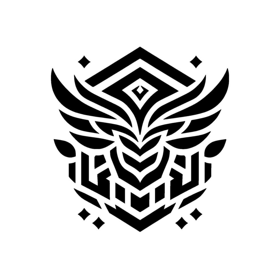 A symmetrical, black and white geometric features stylized birdlike wings, arrows, and diamond shapes arranged within a symmetrical, ornate pattern. vector