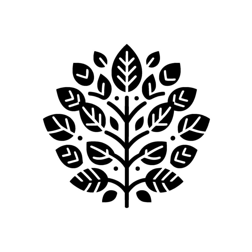 Elegant black and white minimalist of a stylized tree, showcasing a balanced arrangement of leaves radiating from a central trunk, perfect for branding. vector