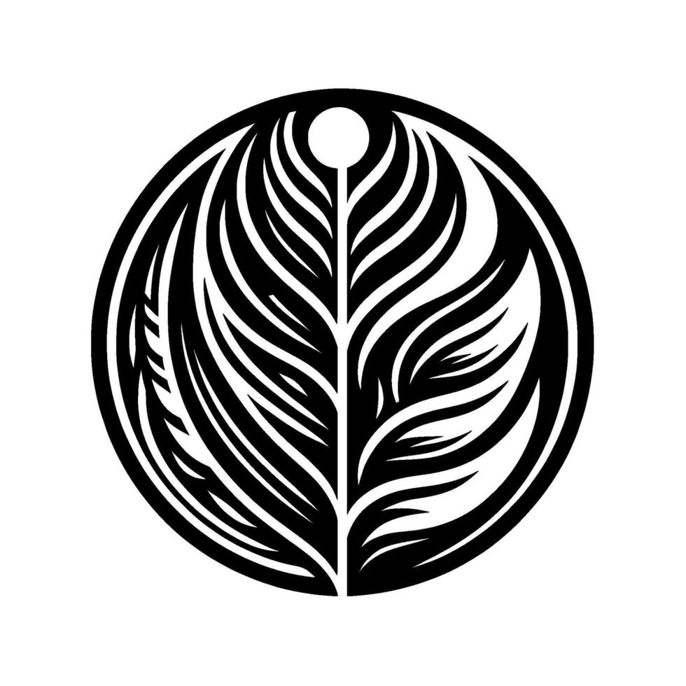 A stylized, symmetrical black and white , presenting a leaflike enclosed in a circular frame, evocative of nature. vector