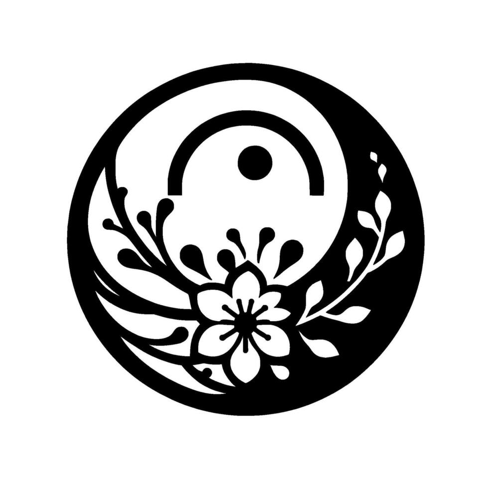 A minimalist black and white yinyang incorporating a stylized flower, leaves, a dot, and a curved line, evoking balance and harmony. vector