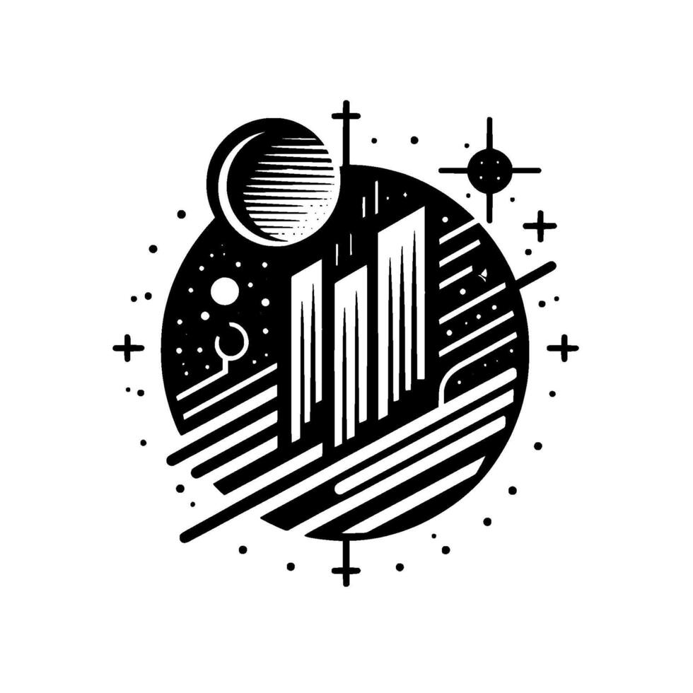 A geometric black and white illustration depicts city skyscrapers silhouetted inside a celestial sphere featuring moon, stars, and crosslike symbols. vector
