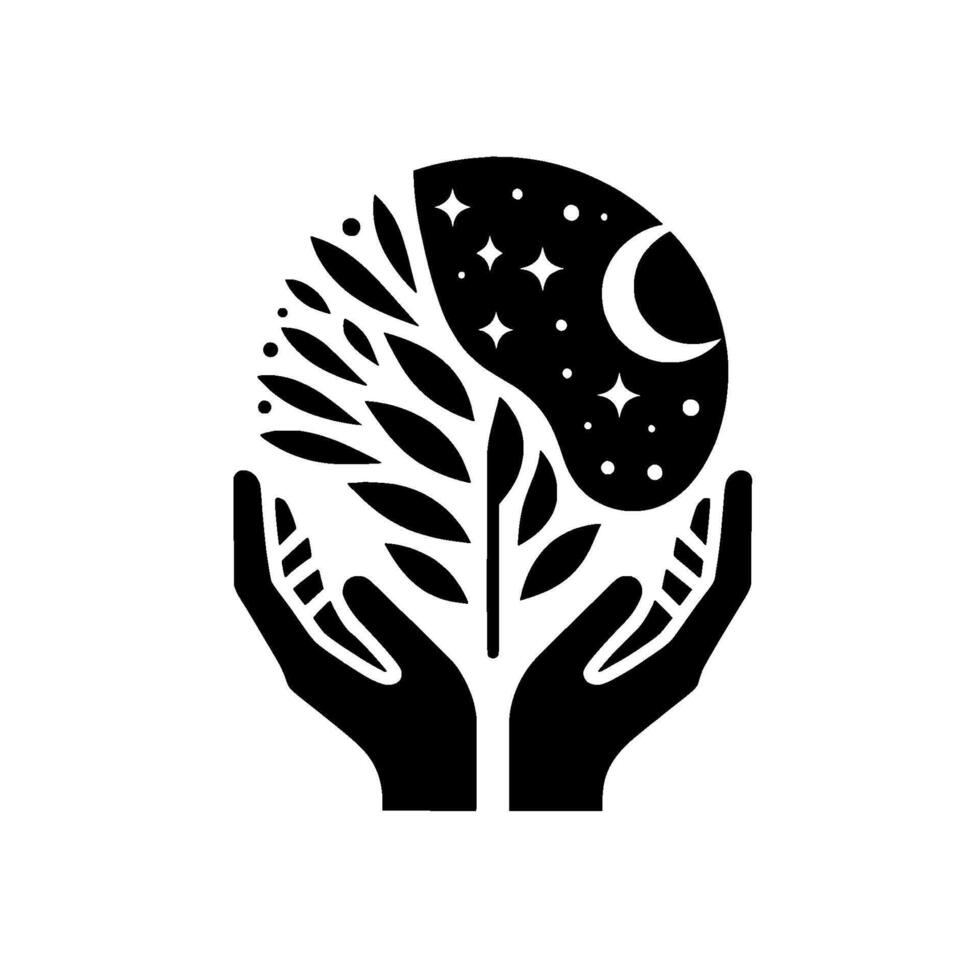 A silhouette illustration depicts hands cupping a treelike structure split between a starry night and a leaffilled day, symbolizing balance. vector