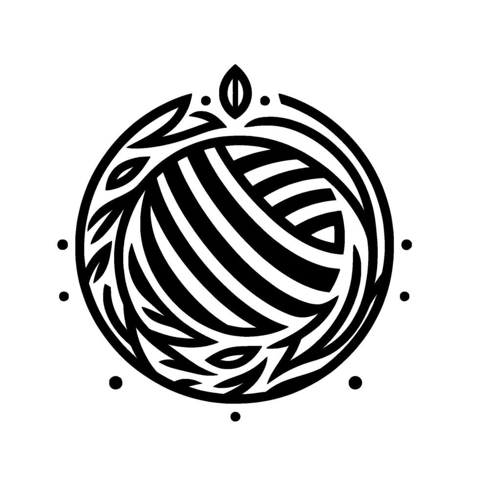Intricate black and white circular with a central striped sphere, surrounded by stylized foliage and dots, set against a stark white background. vector