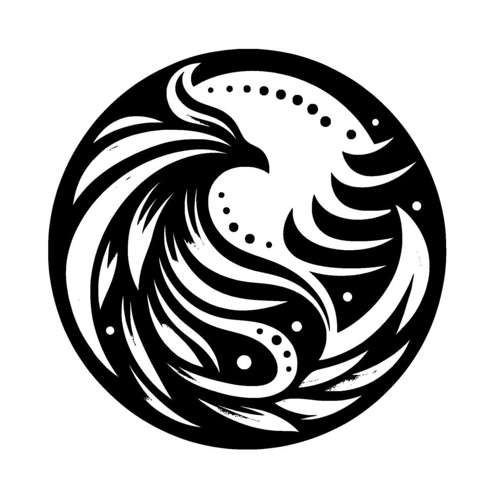 Stylized Black and White Circular Phoenix , Symbolic of Rebirth, Strength, and Resilience. vector