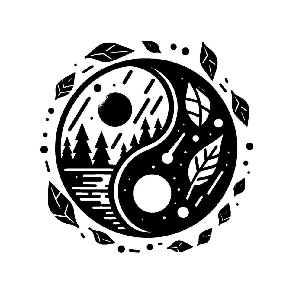 Yin Yang with Forest, Water, Stars, Leaves, Black White , Balanced Nature Symbol in a Circular Composition. vector