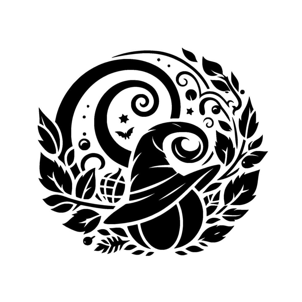 Intricate Black and White Halloween Emblem Witchs Hat, Pumpkin, Swirls, Leaves, and Tiny Bats in a Decorative Circle . vector