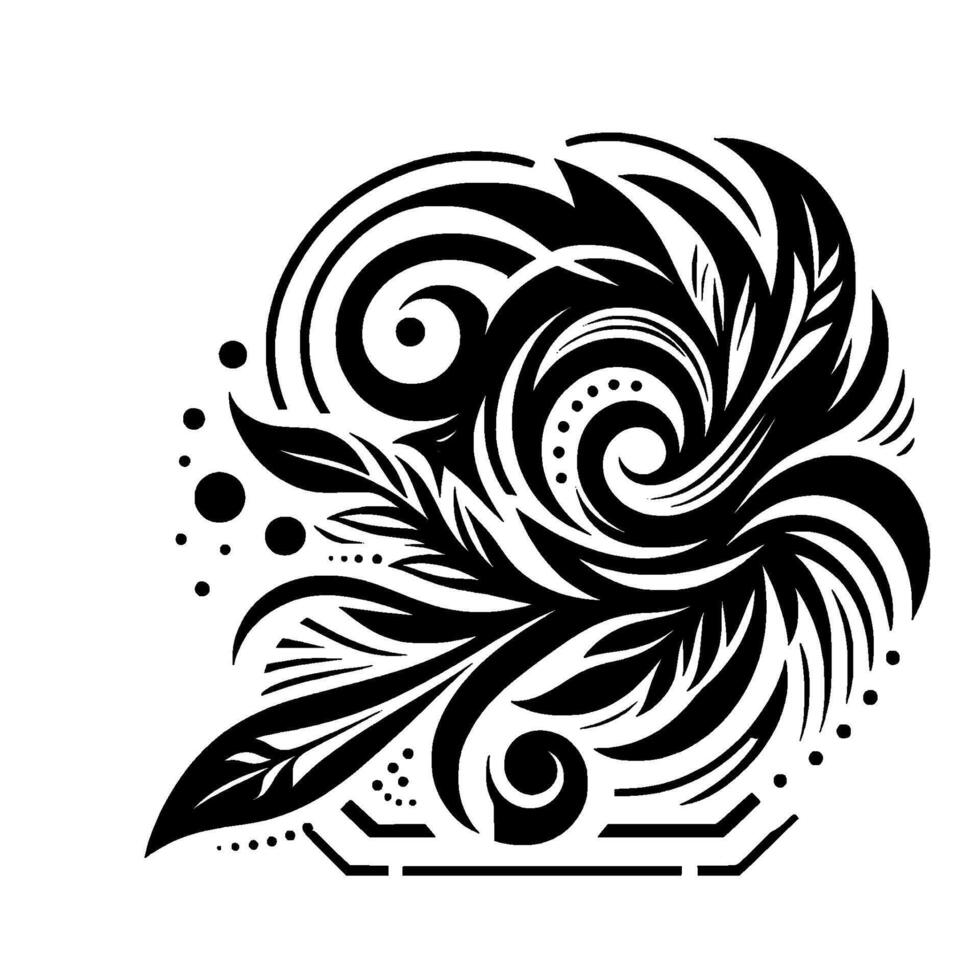 Intricate Black and White Floral with Swirls and Leaf Elements, Abstract Silhouette Art. vector