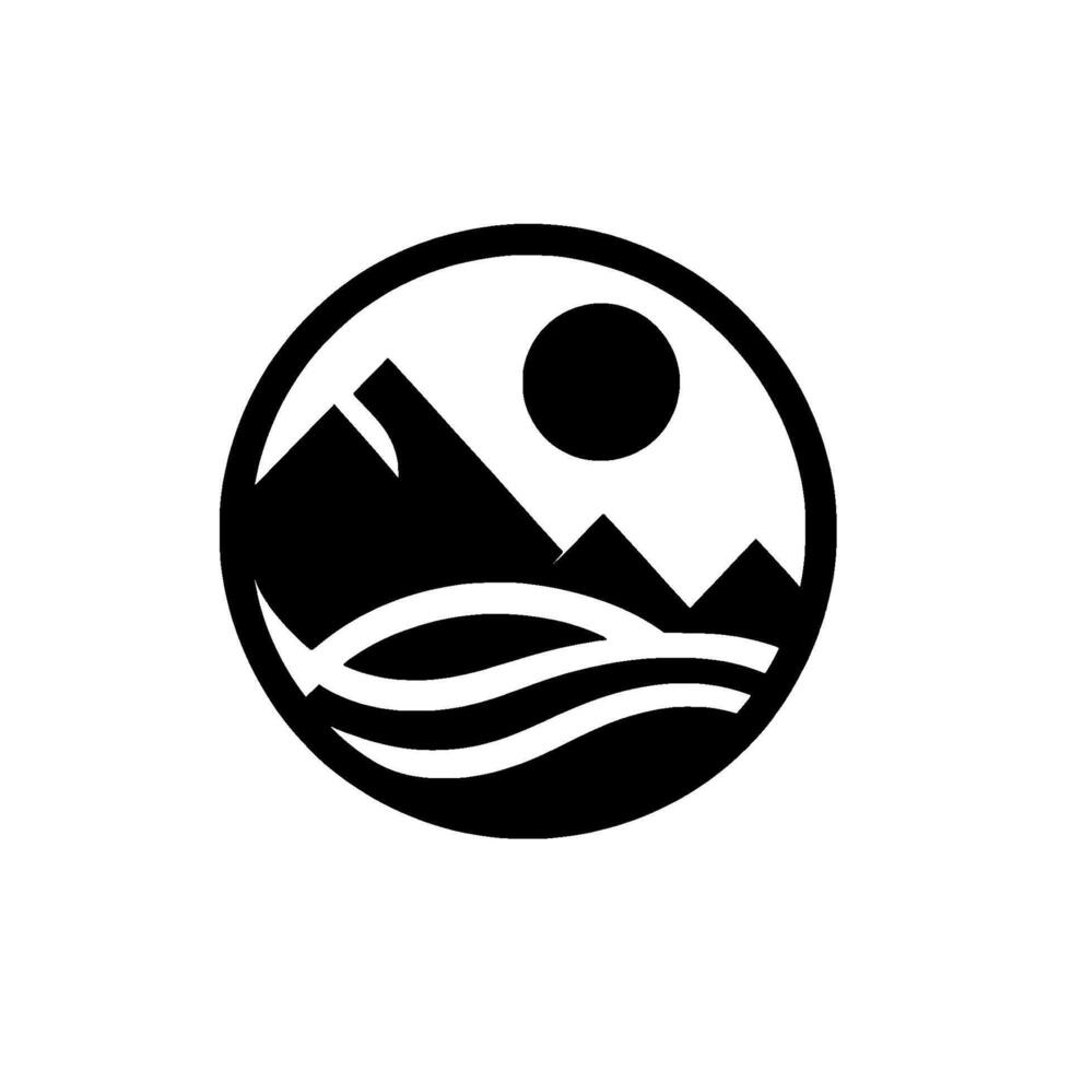 Minimalist Black and White Emblem Depicting Mountains, Sun, and Water Within a Circle, Evoking Nature and Peace. vector