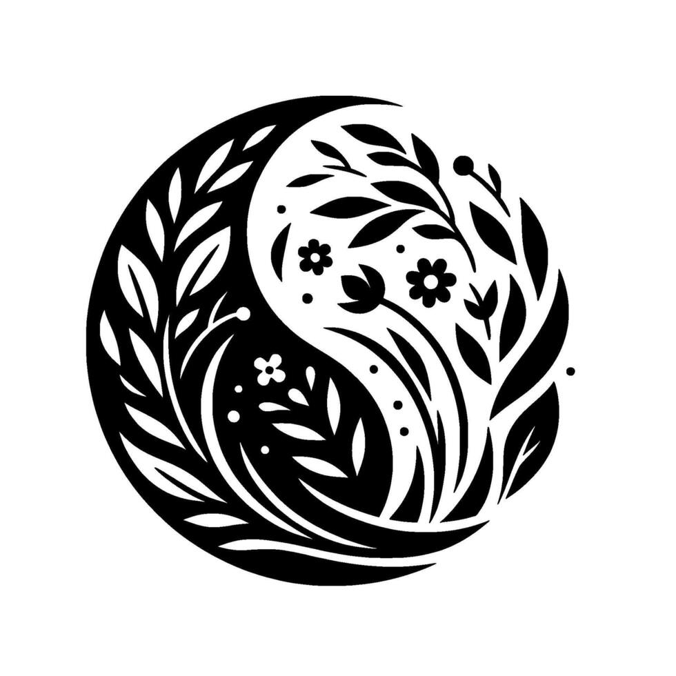 Yin Yang Harmony Floral Black and White with Leaves, Flowers, and a Sense of Balance. vector